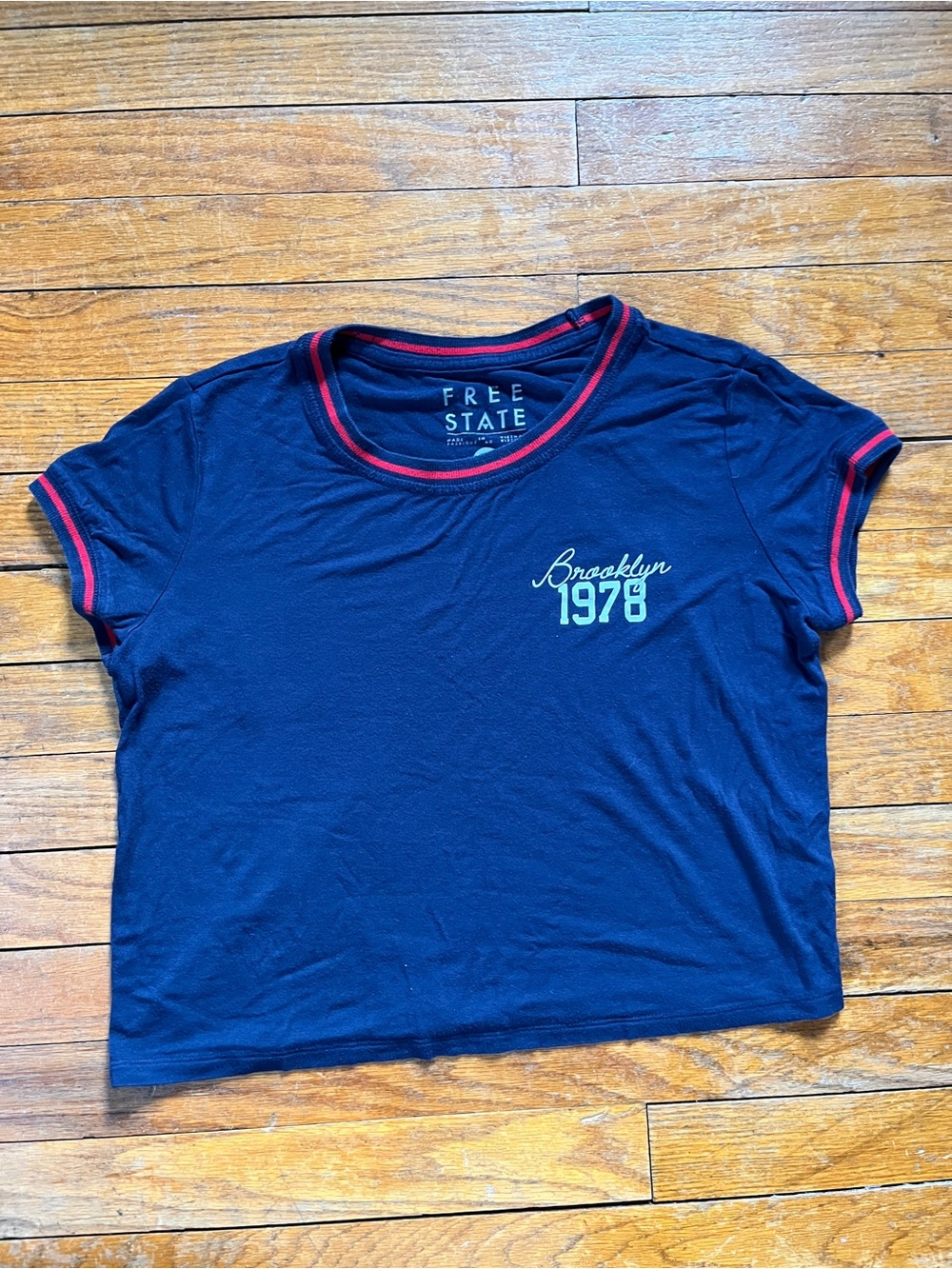 Free State Navy Tee with Red Trim and Chest Print